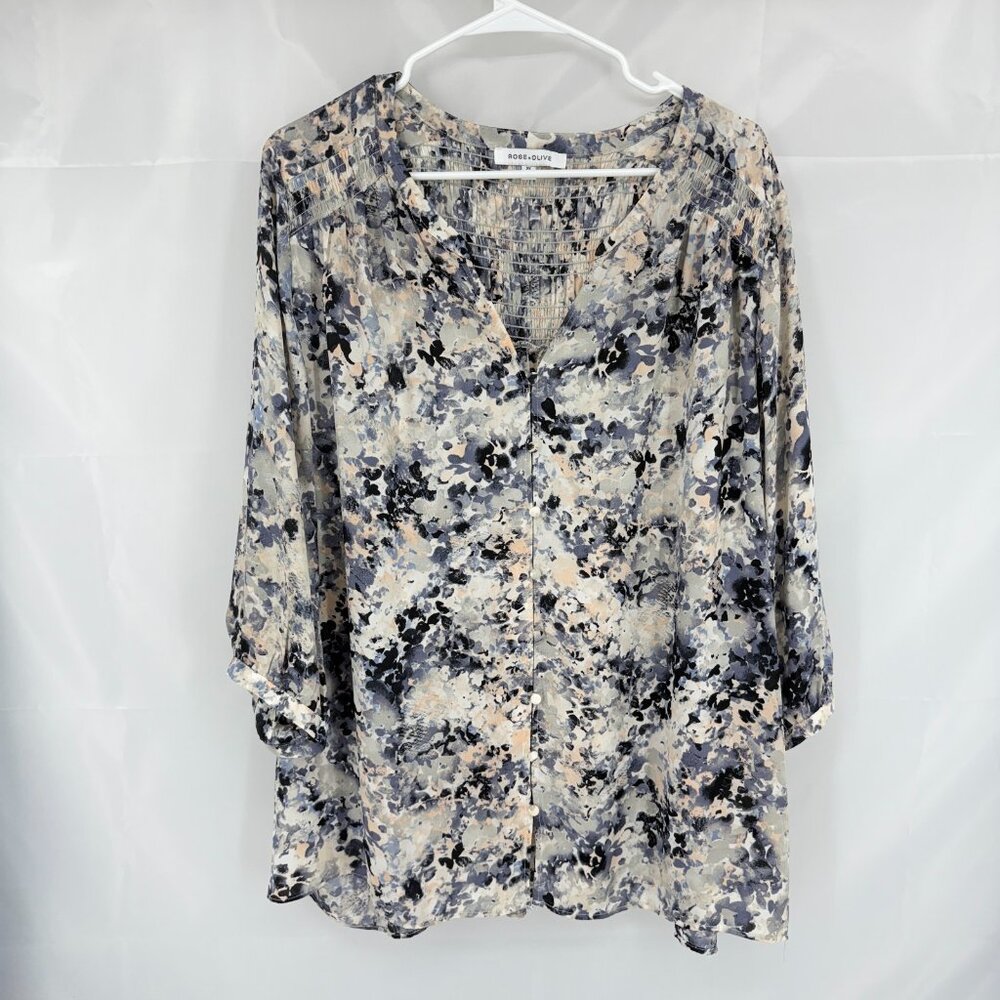 Rose & Olive Women 2X Floral Blouse Tunic Top V Neck Smocked Back 3/4 Sleeve